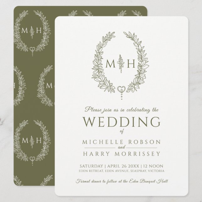 Invitation Art de la ligne ovale feuille mariage vert olive e (Devant / Derrière)