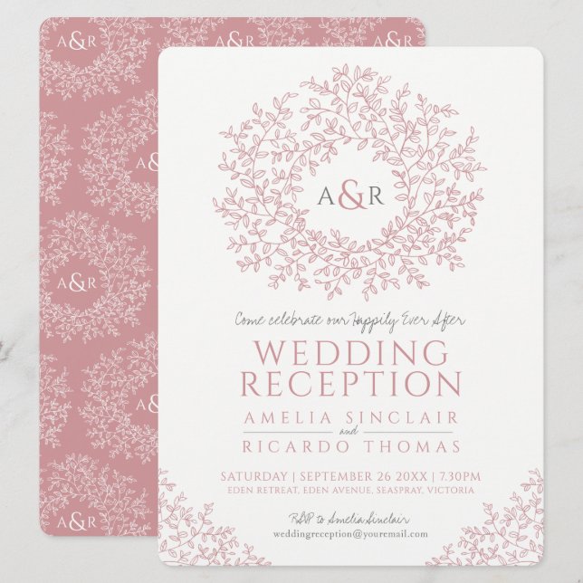Invitation Art de monogramme de feuille rose carminé réceptio (Devant / Derrière)