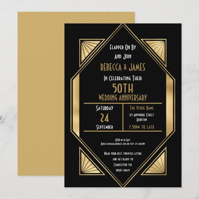Invitation Art Déco 50 Ans Anniversaire de Mariage de Diamant (Devant / Derrière)