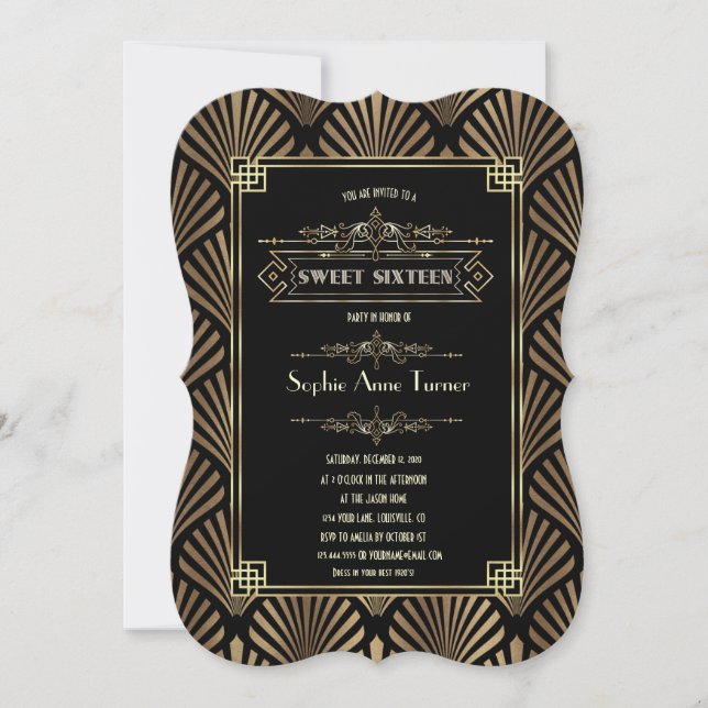 Invitation Art déco Black Gatsby Sweet sixteen des années 192 (Devant)