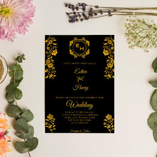 Invitation Art Déco Black Gold Foil Monogramme Classic Mariag