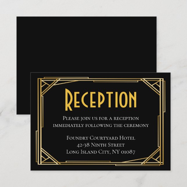 Invitation Art Déco Black Gold Mariage Réception Great Gatsby (Devant / Derrière)