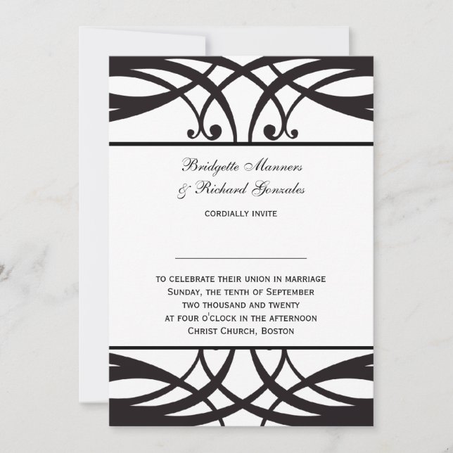 Invitation Art déco blanc noir d'invitations de mariage (Devant)