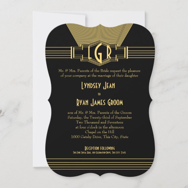 Invitation Art Déco Center Stage Gold et Black Mariage (Devant)