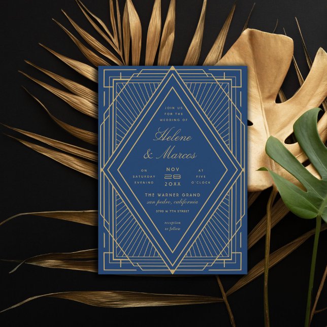 Invitation Art Déco Diamond Navy Blue et Gold Mariage (Créateur téléchargé)