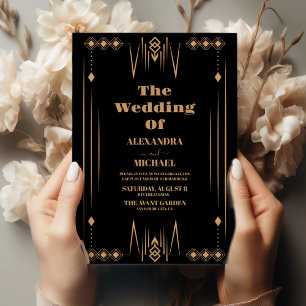 Invitation Art Déco Elegant Classic Gold Frame Black Mariage