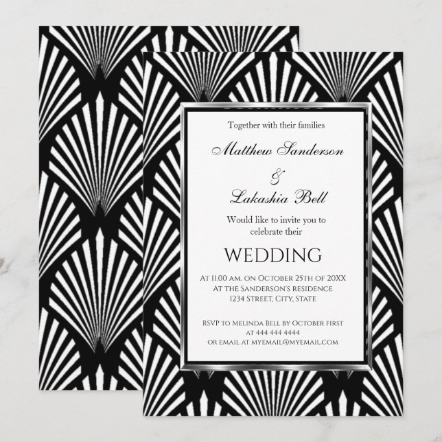 Invitation Art Déco Elegant Noir Blanc Mariage moderne (Devant / Derrière)