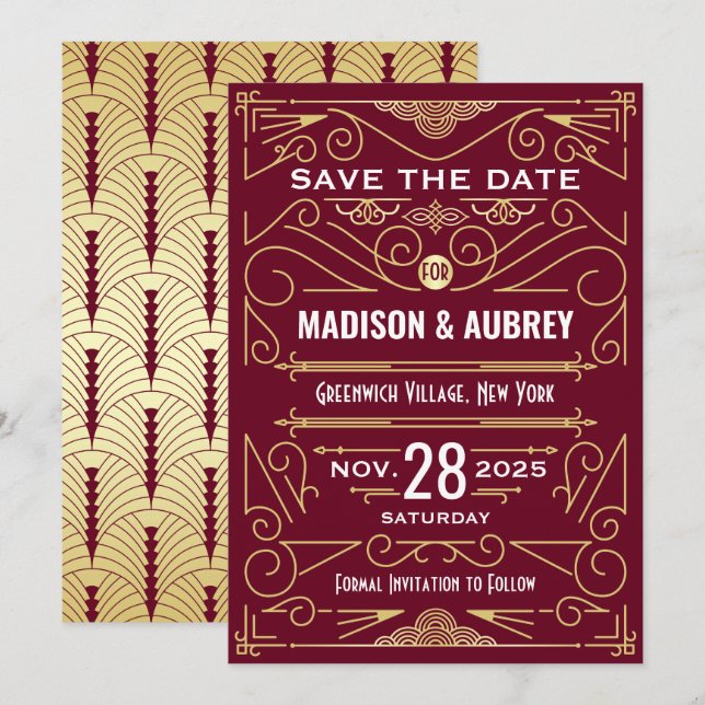 Invitation Art Déco Enregistrer la date Mariage Or Bourgogne (Devant / Derrière)