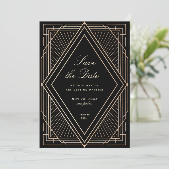 Invitation Art Deco Enregistrer la Date Or Faux Noir (Debout devant)