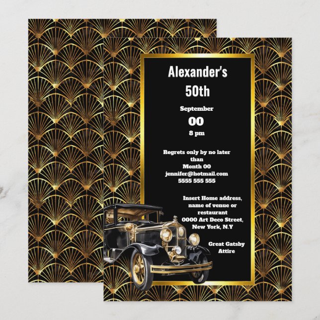 Invitation Art déco esquisse automobile arch or noir motif (Devant / Derrière)