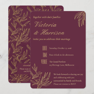 Invitation Art Déco Filigrane d'Or   Mariage Merlot Fairy Wre