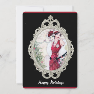 Invitation Art Déco Flamme de Noël Femme en rouge