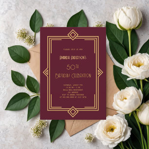 Invitation Art Déco Gatsby anniversaire d'or bordeaux