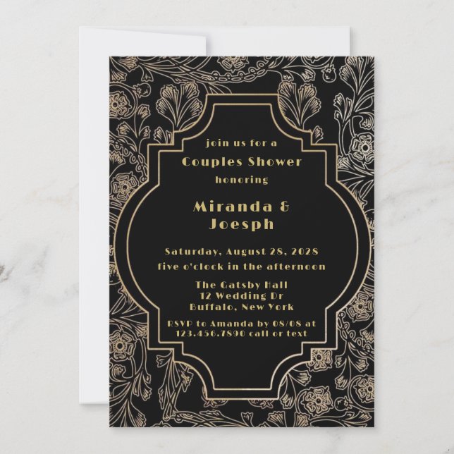Invitation Art Déco Gatsby Black Gold Couples Couples Douche (Devant)