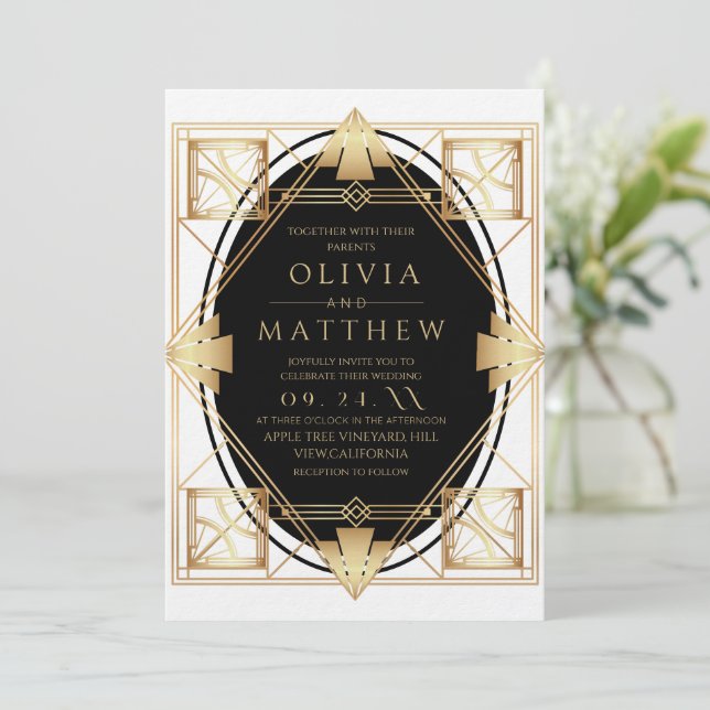Invitation Art Deco Gatsby Gold Geometric Wedding (Debout devant)