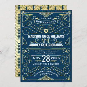 Invitation Art Déco Gatsby Mariage Élégant Or Bleu foncé
