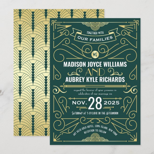 Invitation Art Déco Gatsby Mariage Élégant Or Vert foncé (Devant / Derrière)