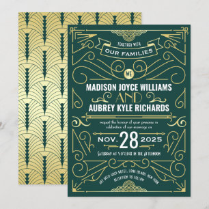 Invitation Art Déco Gatsby Mariage Élégant Or Vert foncé