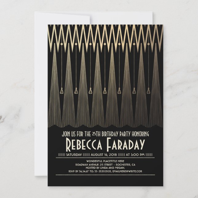 Invitation Art Déco Gatsby Noir et Or Fête d'anniversaire (Devant)