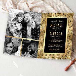 Invitation Art Déco Géométrique Code QR Mariage Noir Or