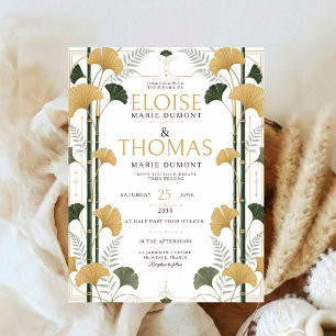 Invitation Art Déco Ginkgo Mariage Botanique Bambou Or