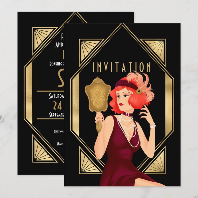 Invitation Art Déco Glam Girl 60e anniversaire Gold Black (Devant / Derrière)