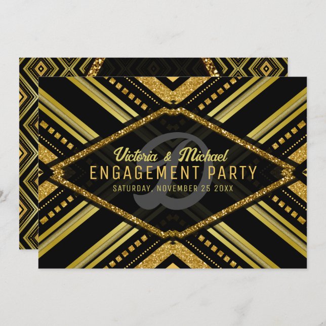 Invitation Art Déco Glamor Noir Gatsby Fiançailles (Devant / Derrière)