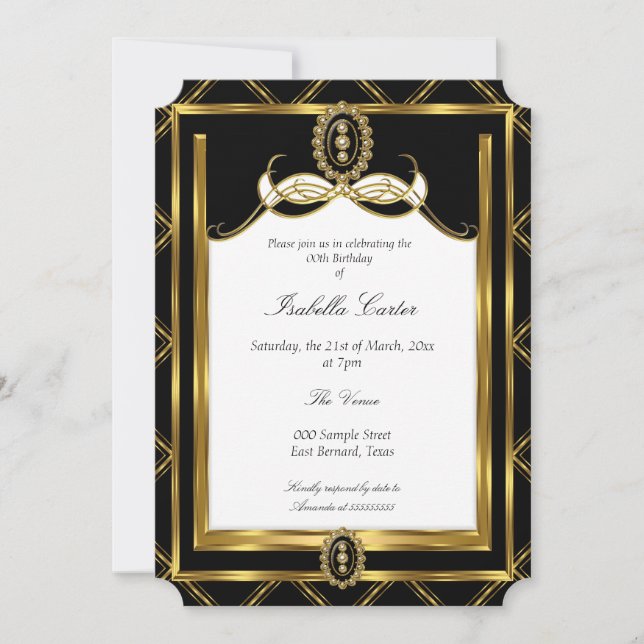 Invitation Art Déco Gold bijou noir blanc fête d'anniversaire (Devant)