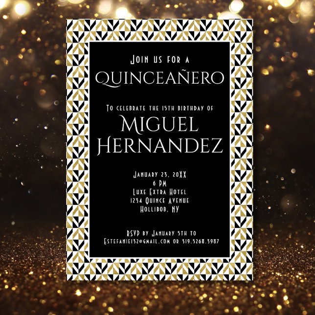 Invitation Art Déco Gold et Black Quinceañero 15e anniversair (Créateur téléchargé)