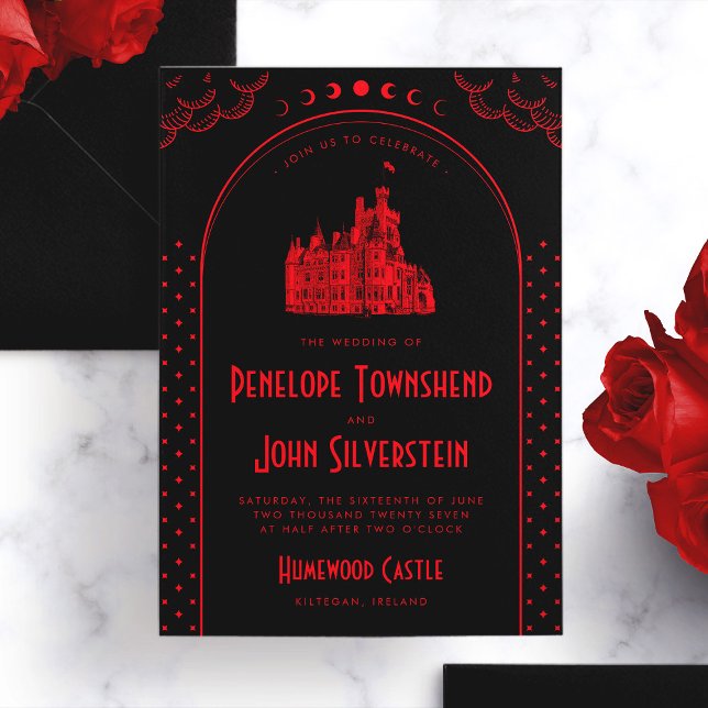 Invitation Art déco gothique Mariage de château noir rouge (Gothic Art Deco Red Black Castle Wedding Invitation)