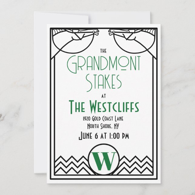 Invitation Art Déco Horse Racing Party avec des accents verts (Devant)