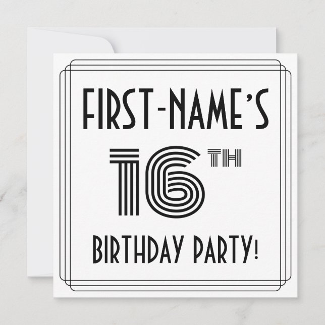 Invitation Art Déco Inspiré 16ème Anniversaire Fête, Nom pers (Devant)