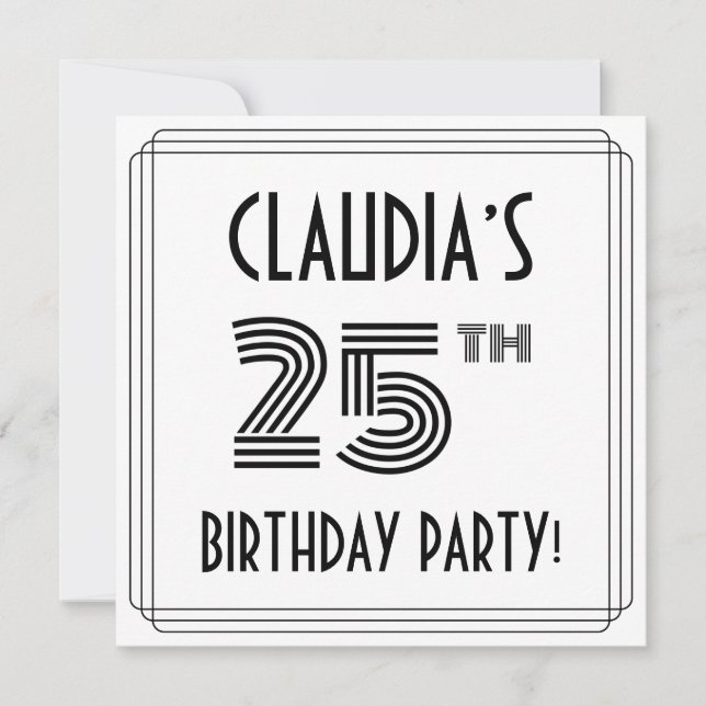 Invitation Art Déco Inspiré 25ème anniversaire fête, Nom pers (Devant)