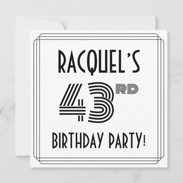 Invitation Art Deco Inspired 43rd Birthday Party, Custom Name (Devant)
