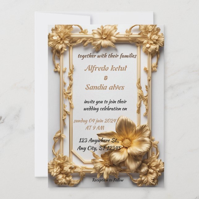 Invitation Art Déco Mariage Diamant blanc et or huile (Devant)