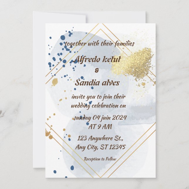 Invitation Art Déco Mariage Diamant blanc et or huile (Devant)
