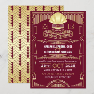 Invitation Art Déco Mariage Elégant Gold Burgundy Gatsby