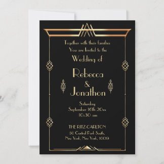 Invitation Art Déco Mariage Gold sur Black Vintage Elegance