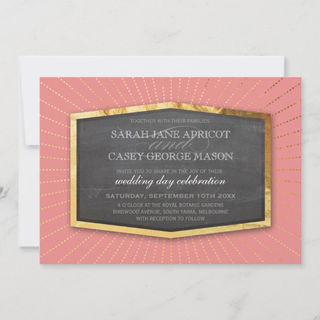 Invitation ART DECO MARIAGE or sunburst chalkboard corail (Devant)