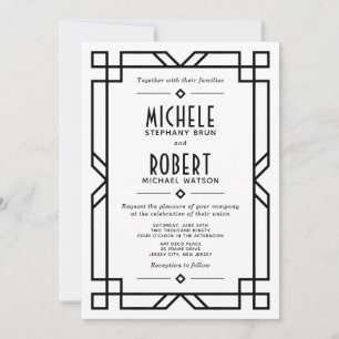 Invitation Art déco moderne Cadre noir Mariage blanc