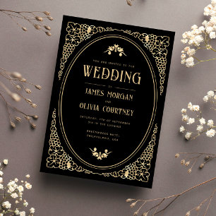 Invitation Art déco moderne Mariage noir et or
