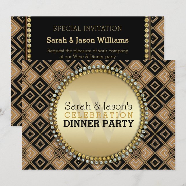 Invitation Art Déco Motif géométrique Black Gold Dinner Party (Devant / Derrière)