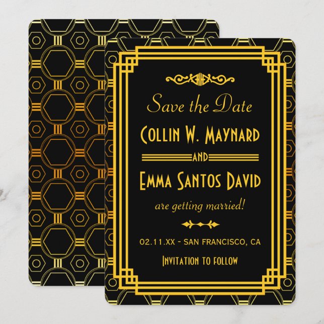 Invitation Art Deco noir et or Save The Date (Devant / Derrière)