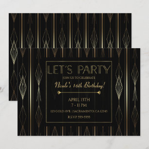 Invitation Art Déco Noir & Or Anniversaire Faisons la Fête