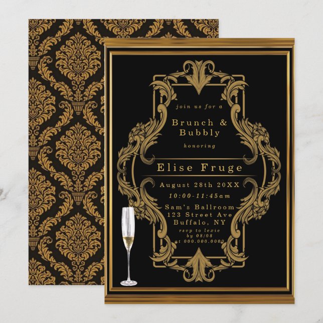 Invitation Art Deco Noir Or Royal Brunch & Bubbly (Devant / Derrière)