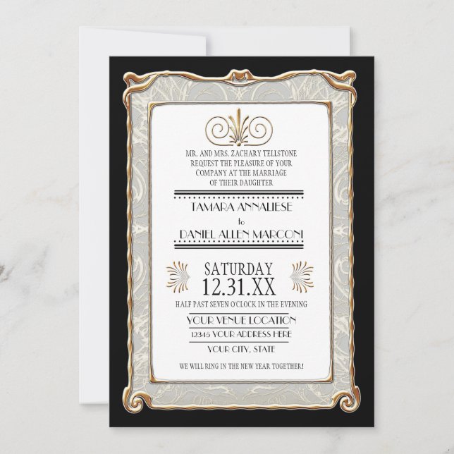 Invitation Art Déco Nouveau Gatsby Style Or en dentelle Look (Devant)