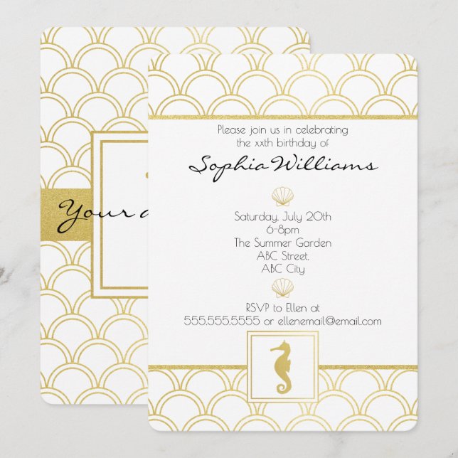 Invitation Art Déco Ocean Wave Gold Parties scintillant Seaho (Devant / Derrière)