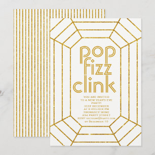 Invitation Art déco or blanc pop fizz clink fête du Nouvel An