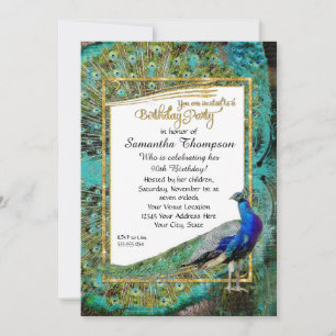 Invitation Art Déco Paon Doré Paillettes Anniversaire Hollywo