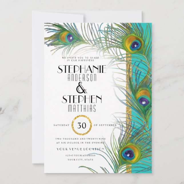 Invitation Art Déco Peacock Feather Moderne Gold Turquoise Ma (Devant)